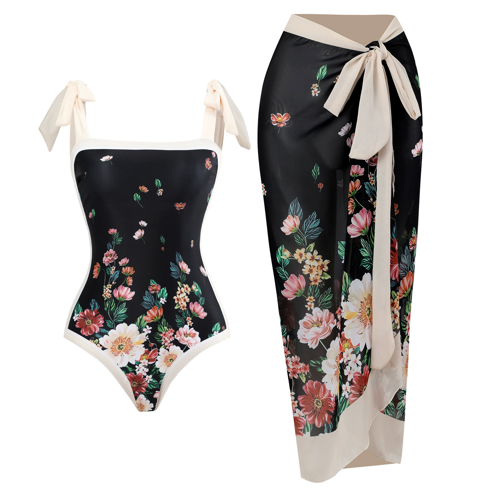 One-Piece Swimsuit (Qiao Jiayuan) 2025 Retro Style with Wrap Skirt, Crane Print, S–XL & One Size