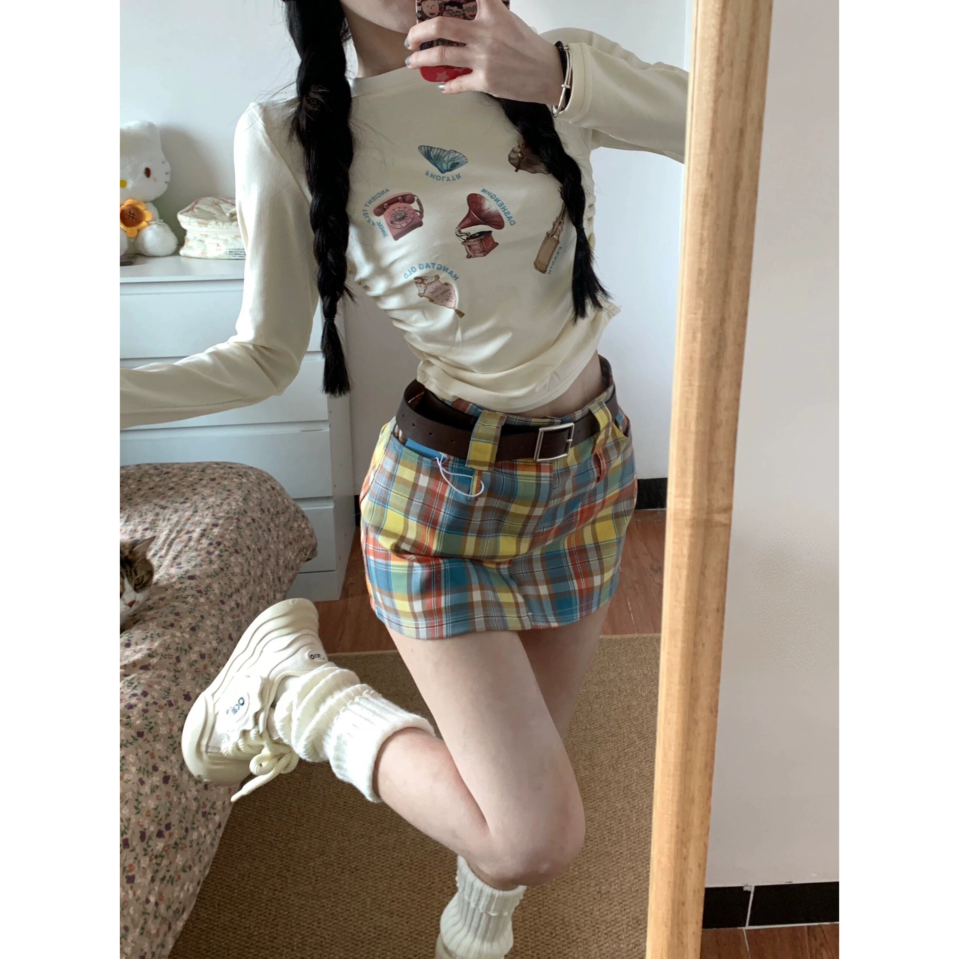 Наряд дофамина ранней весны, миниатюрный весенний молочный костюм, новинка 2025 года, женская летняя короткая юбка трапециевидной формы для милых девушек