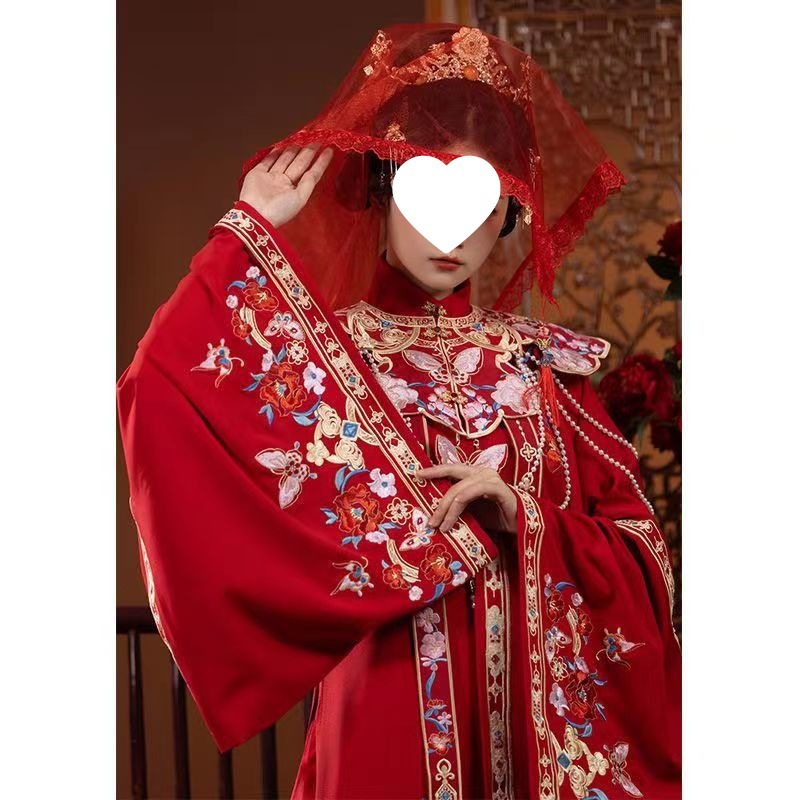 Tang Xi Original【Red Dye】Heavy Embroidery Wedding Dress Ming Dynasty Style Hanfu Women's Stand Collar Shirt Cloud Shoulder Autumn Dress