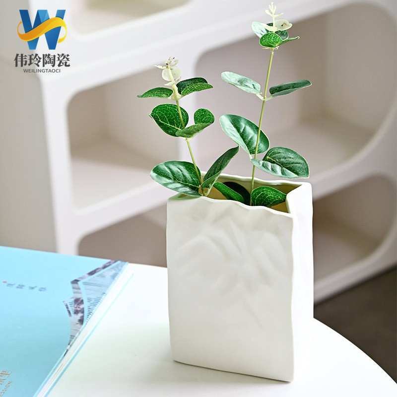 Foreign Trade Ceramic Vase Pleated Paper Bag Flower Flower Insert Indoor Desktop Ornaments Flower Pot Decoration Cross-border Nordic