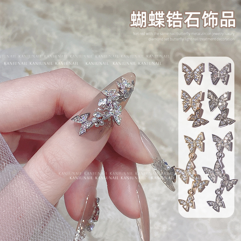 LZ nail jewelry wholesale internet celebrity flash zircon diamond tassel pink liquid butterfly Pearl nail decorations