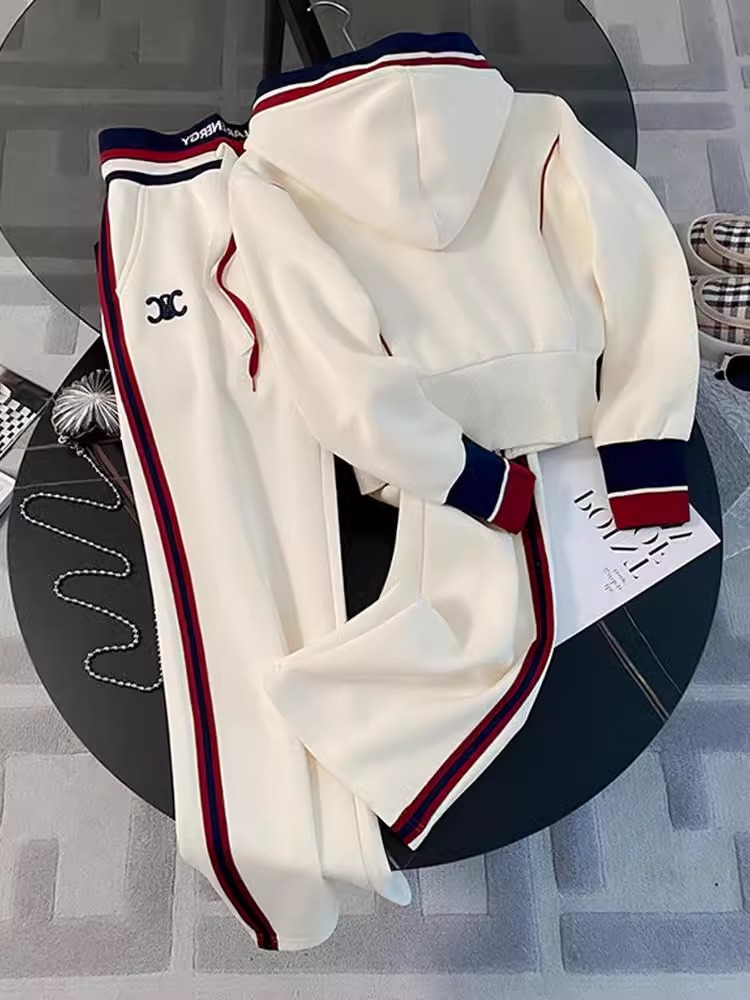 ハイエンドのレジャースポーツスーツの女性の春の2024の新型の流行のヨーロッパの商品は帽子のガードルのストレートなズボンの2つのセットをつないでいます。