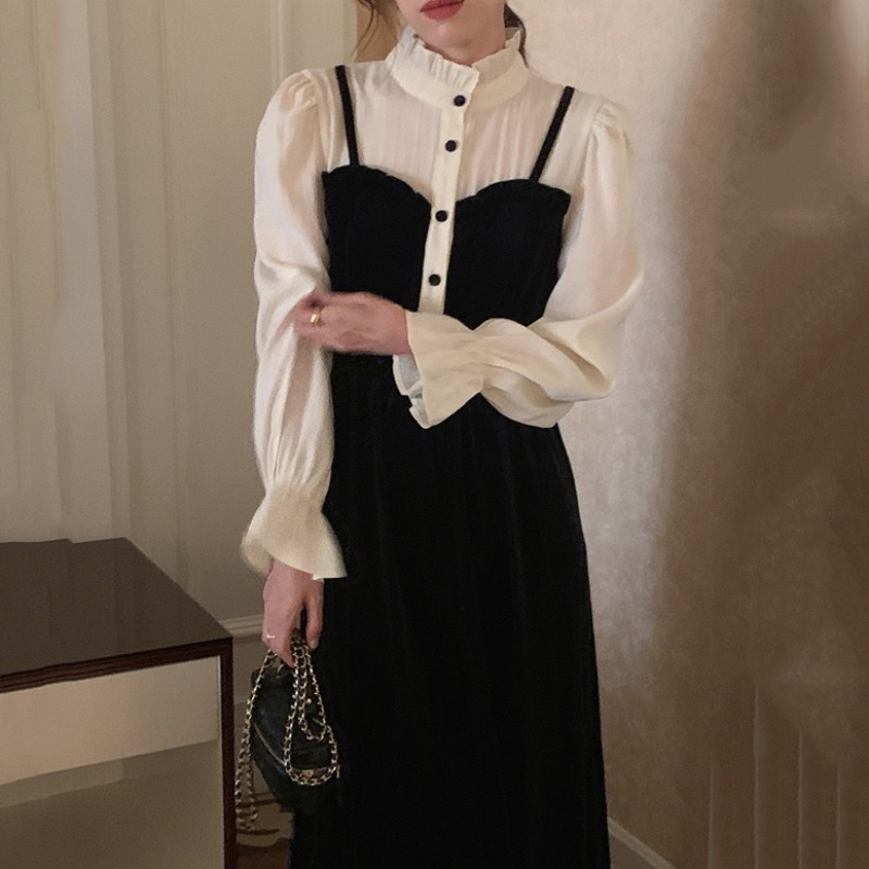 韩版chic秋冬法式小众立领拼接假两件吊带连衣裙女黑色显瘦长裙子