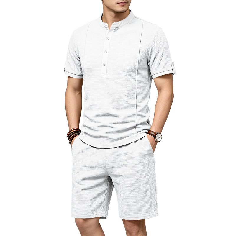 Men's Casual Henley Short Sleeve T-Shirt And Shorts Set Comfort-Focused Polyester Design for Summer_viptrois.com