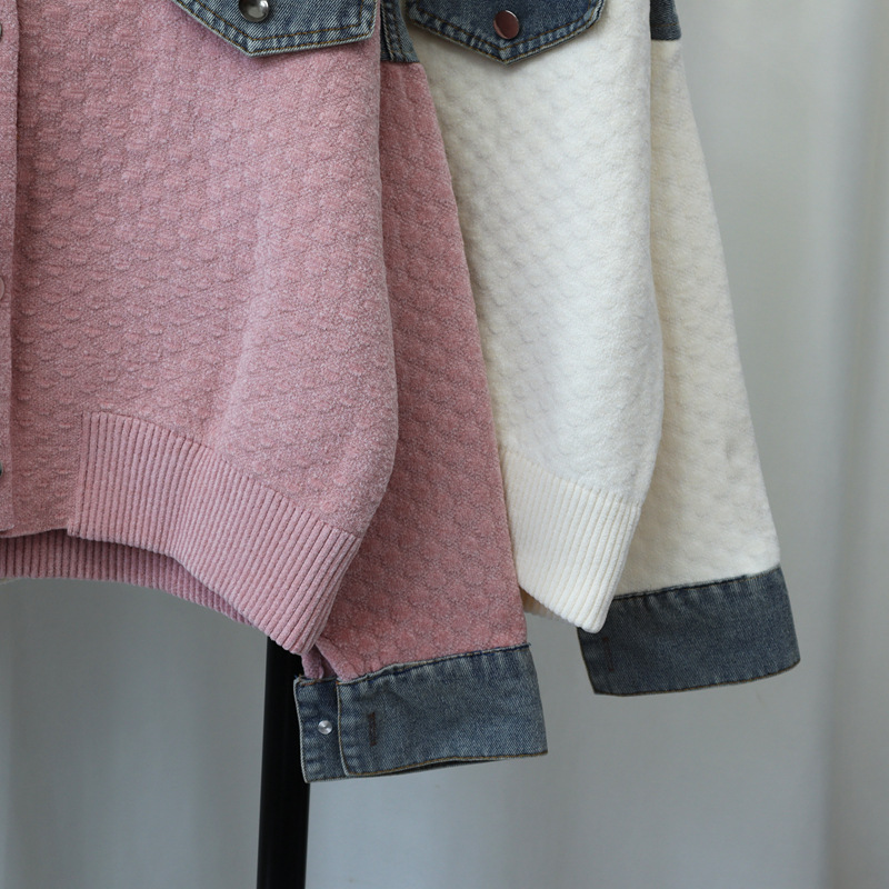Women's Clothing autumn and winter new splicing denim knitted cardigan loose contrast color casual temperament sweater jacket for women_voghion.com