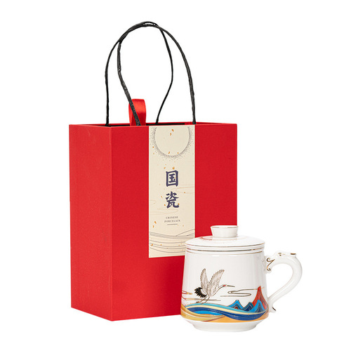 Sheer Jade White Porcelain Tea Separation Three-Piece Office Cup Mugs Personal Cup Large Gift Box Set Gift with Logo