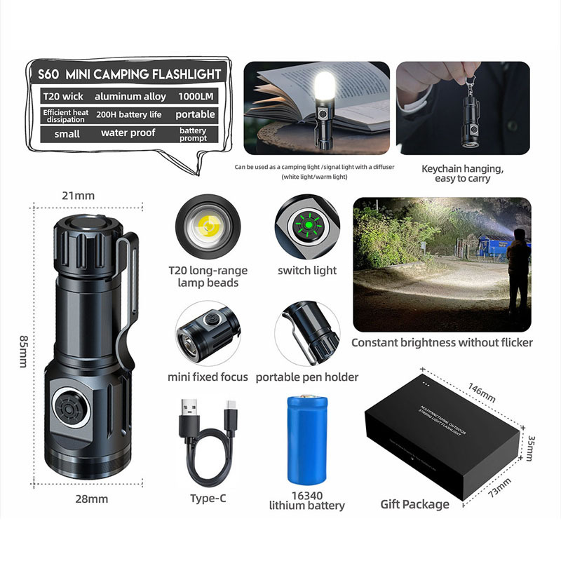 Cross-border nuevo multi-funcional linterna de luz fuerte tipo C recargable zoom con clip de la pluma resaltar linterna de tiro largo