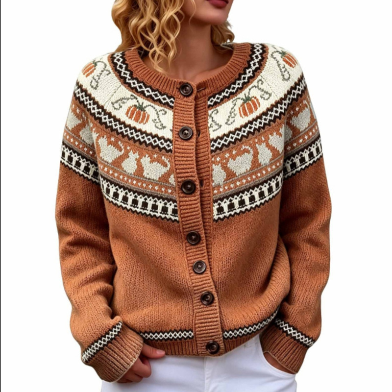 Amazon Fair Isle Color-Block Single-Breasted Cardigan Sweater European and American Cross-Border Outerwear Autumn Winter Women's Printed Knitwear Amazon Fair Isle Color-Block Single-Breasted Cardigan Sweater European and American Cross-Border Outerwear Autumn Winter Women's Printed Knitwear
