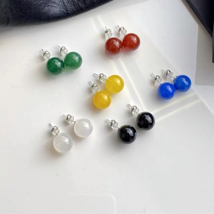 S  천연 마노 귀걸이 간단한 라운드 구슬 귀걸이 레트로 레드 및 그린 칼세도니 귀걸이 고급 실버 국경 보석