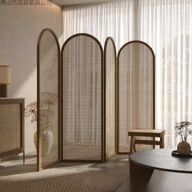 复古风实木藤编折屏遮挡隔断名宿酒店办公室可折叠简约隔断