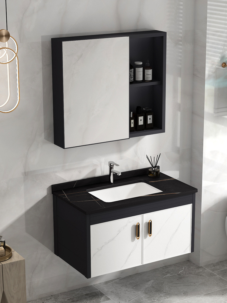 Montado en la pared gabinete de baño de aluminio espacio combinación moderna minimalista lavabo de baño lavabo Mesa de roca placa lavabo piscina