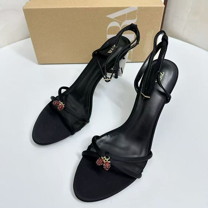 Za Women's Shoes 2025 Summer New Black Strap Rhinestone Cherry Pendant High Heel Outer Breathable Casual Sandals