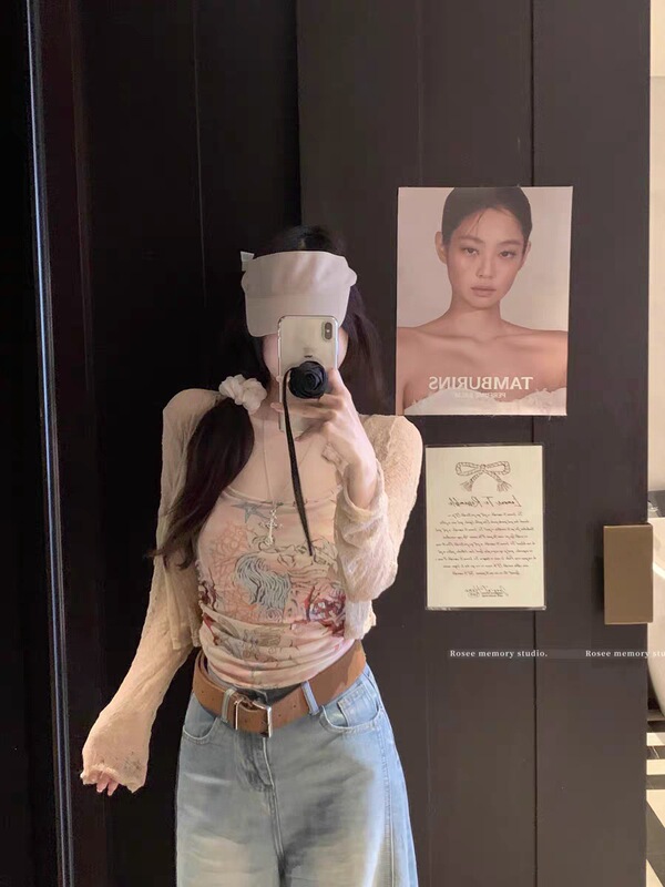 966+967#初秋新款两件套蕾丝外套加涂鸦印花背心女修身带胸垫百搭|undefined