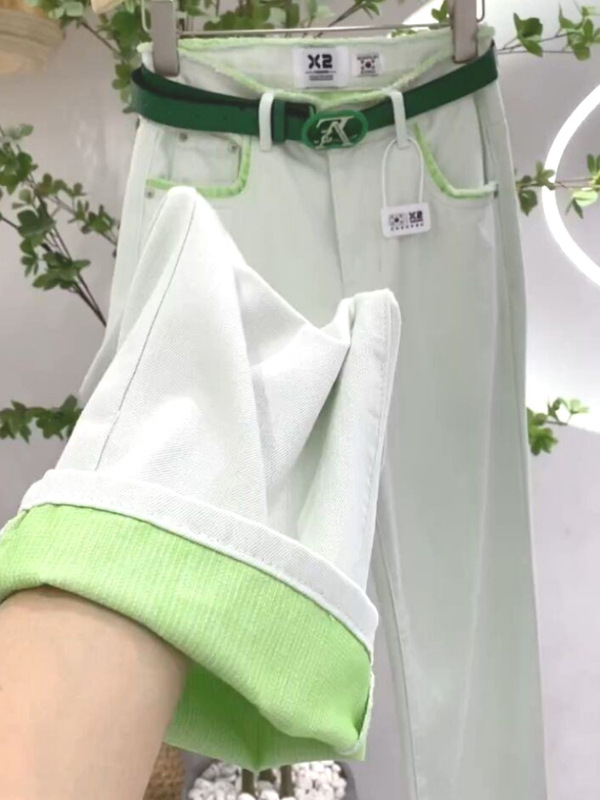 杏色直筒阔腿牛仔裤女2025早秋新款高腰宽松显瘦柔软浅色垂感长裤|undefined