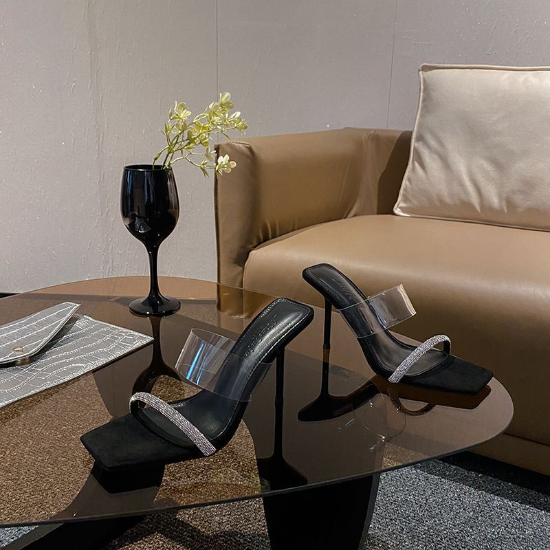 2026 Summer New Style Rhinestone One-Strap High-Heeled Half-Slipper Women's Sandals, High Heels, Thin Heels, Transparent Fairy-Style Slippers