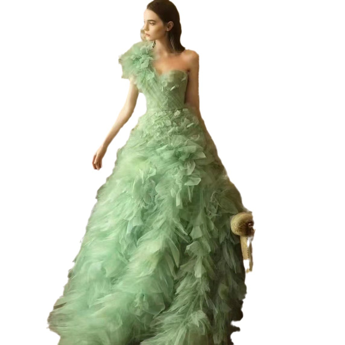Nuevo anfitrión de un solo hombro verde vestido solo mallas temperamento vestido de cena vestido de reunión anual de la empresa