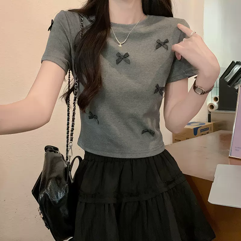 韩系圆领正肩蝴蝶结装饰短袖T恤女心机修身短款小衫别致打底上衣