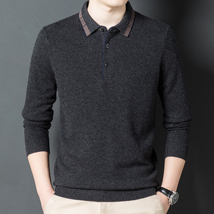 Middle-aged sweater men's lapel solid color imitation wool sweater winter father pullover pure wool business men's clothing