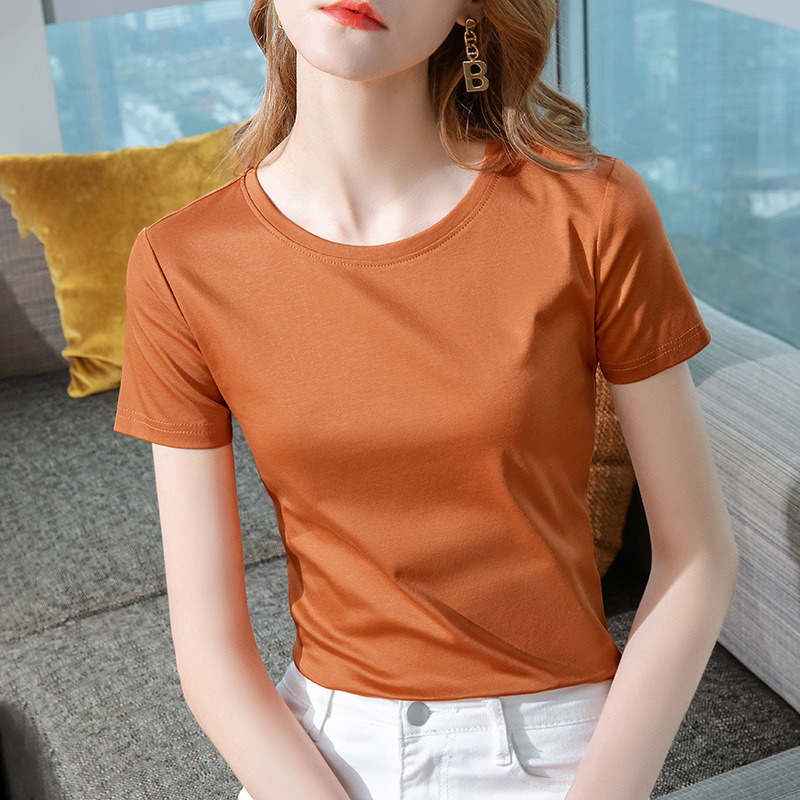 コットン半袖Tシャツレディース2025年夏新作ラウンドネックバーガンディスリムフィットシャツトップ|undefined