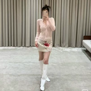 Blum@rine小众新款浅粉色针织水晶圆领长袖开衫上衣毛衣时尚
