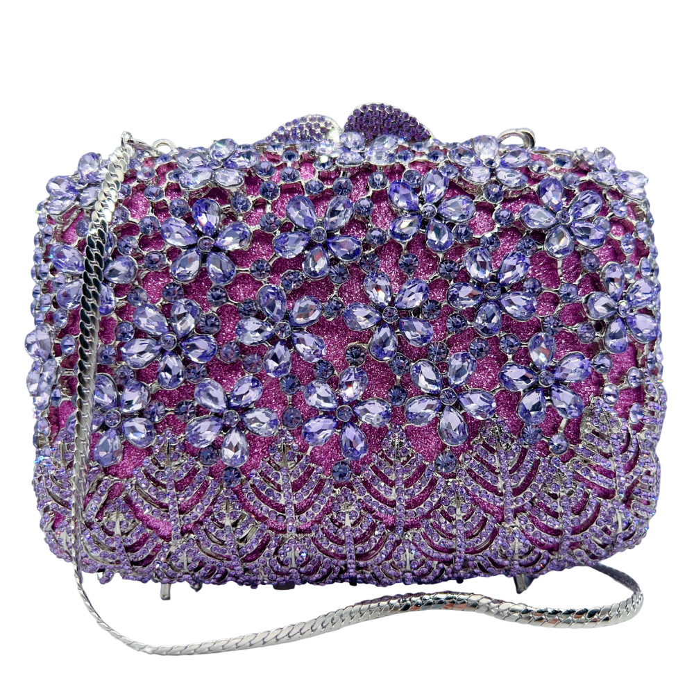 Túi clutch nữ đính kim cương nhân tạo họa tiết hoa tử đinh hương, cầm tay dự tiệc — Màu hồng, Hoa violet, Đế vàng kim cương, Màu bạc chi tiết 3