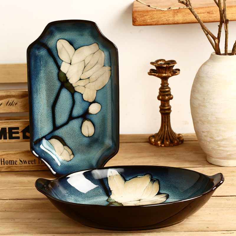 Flor pintada a mano de cerámica plato de pescado grande horno cambio creativo Placa de doble oreja hogar plato profundo bajo vidriado color a juego plato de sushi grande