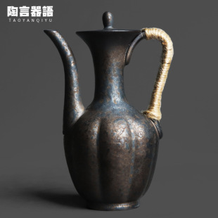 Vintage Stoneware Kiln Black Gold Song Holding Wine Pot Chinese Zen Home Restaurant Liquor Sake Hand Pourer
