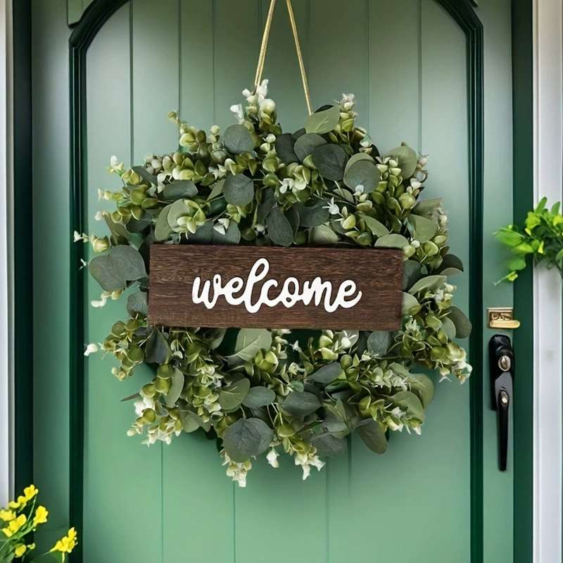 Весенний венок Welcome, листья эвкалипта, искусственные цветы, праздничный венок