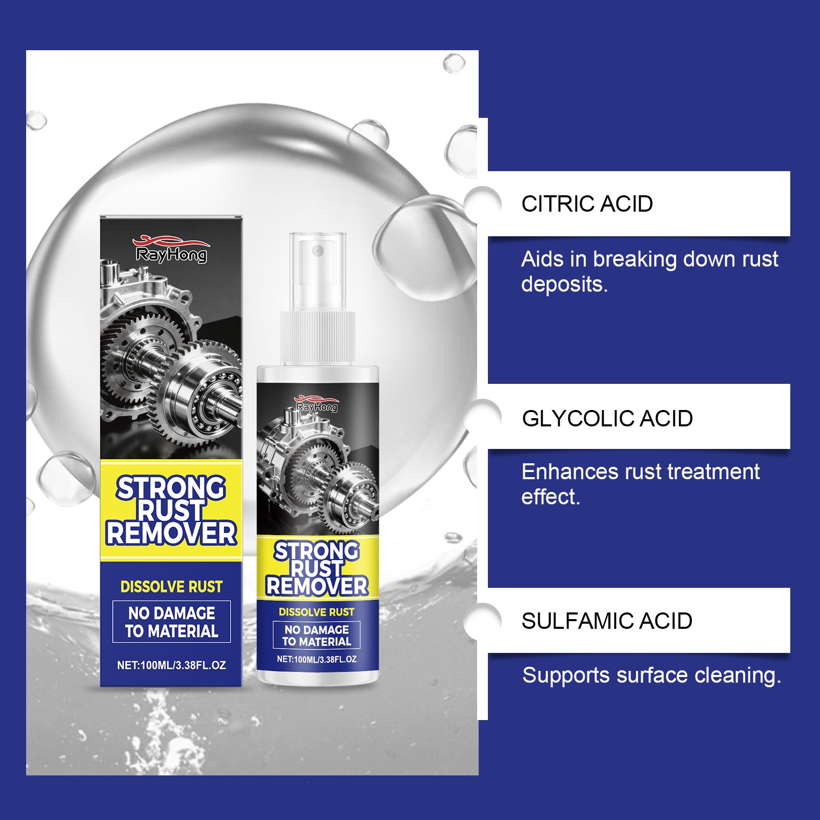 Rayhong Rust Remover Car and Household Hardware Cleaning, Decontamination, Maintenance, Renovation, Lubrication, Daily Care Spray