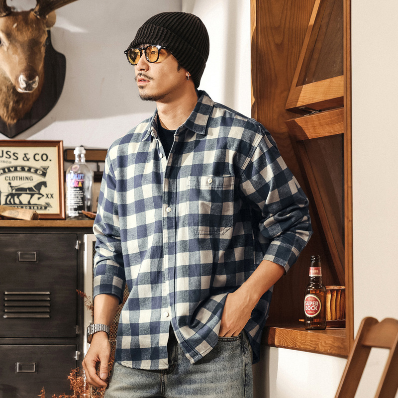 Lyocell Tencel Indigo Washed Plaid Shirt Men's Autumn American Fashion Brand New Loose Long Sleeve Shirt Jacket