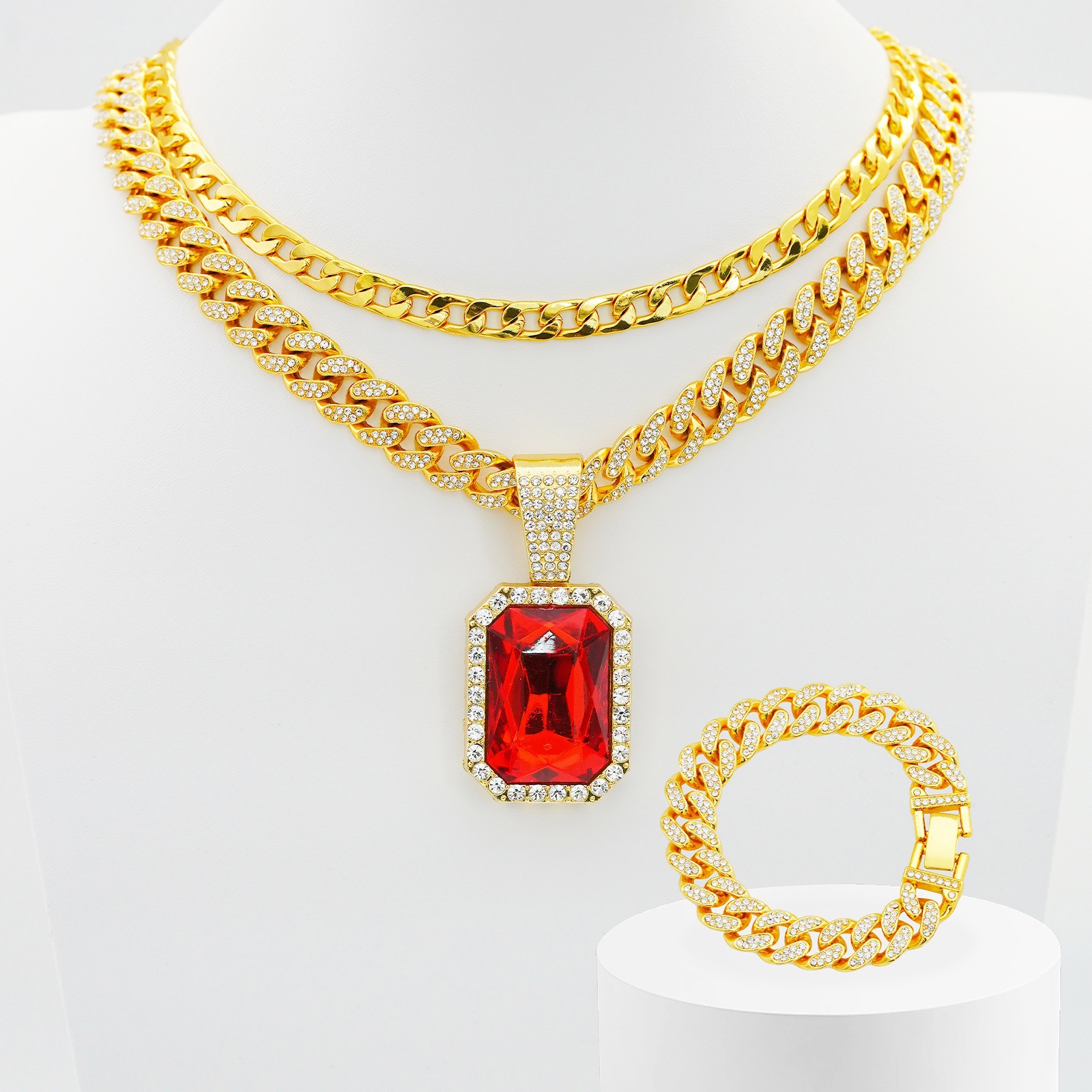 Ensemble élégant de collier et bracelet à chaîne cubaine avec pendentif en rubis carré et diamants Hip Hop_voghion.com