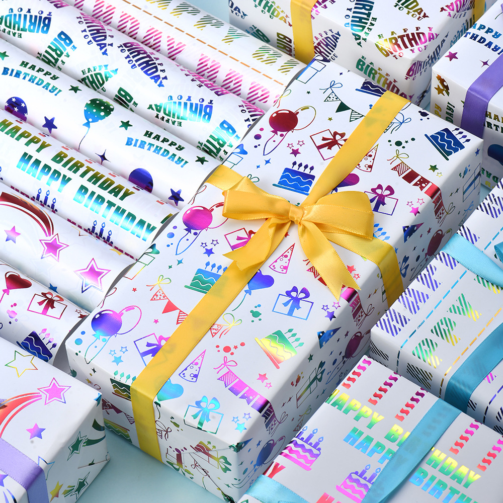 Nuevo papel de regalo transfronterizo día de San Valentín carta de globo de cumpleaños vela estrella colorida estampado papel de embalaje de regalo