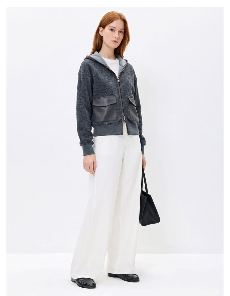 Áo khoác nữ dáng ngắn có mũ kéo khóa phối túi da, chất liệu len cashmere pha, form thường — Khói đá Ash chi tiết 10