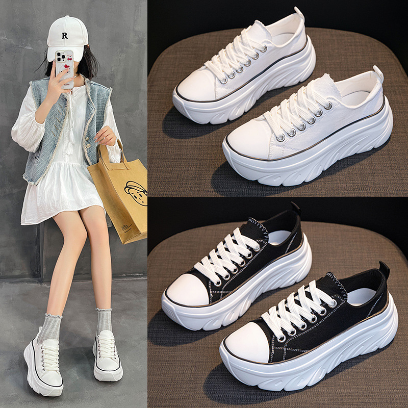 Thin Canvas Shoes for Women 2026 Summer New Style Slip-On Round Toe Lace-Up Non-Slip Thick-Soled Casual White Shoes for Women