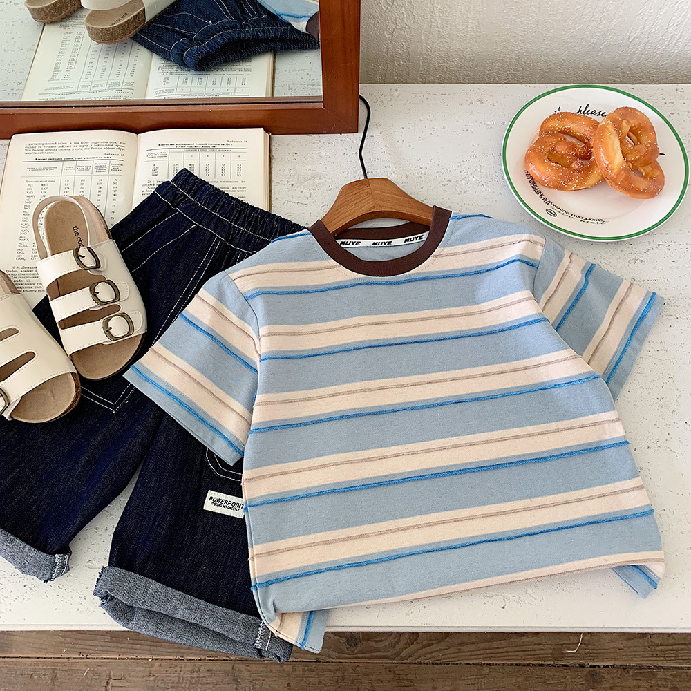 Muye Boys' Summer Short-Sleeve Korean Style A-Class Children's Clothing Striped Stylish Top Kids' Fashion Versatile T-Shirt Trendy