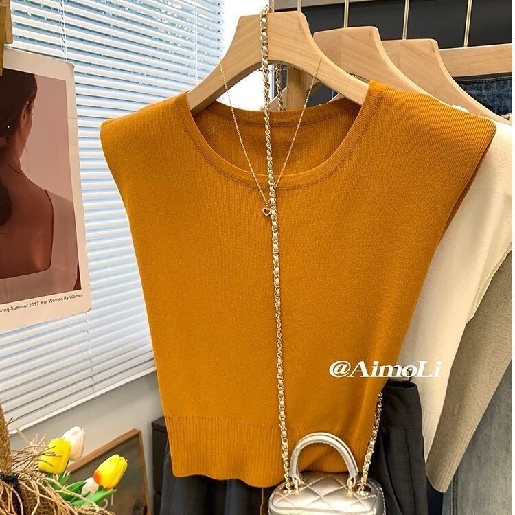 Ice Silk Sleeveless Knit Top for Women, Summer High-End Thin Style with Flutter Sleeves, Elegant Tie-Waist Short Top