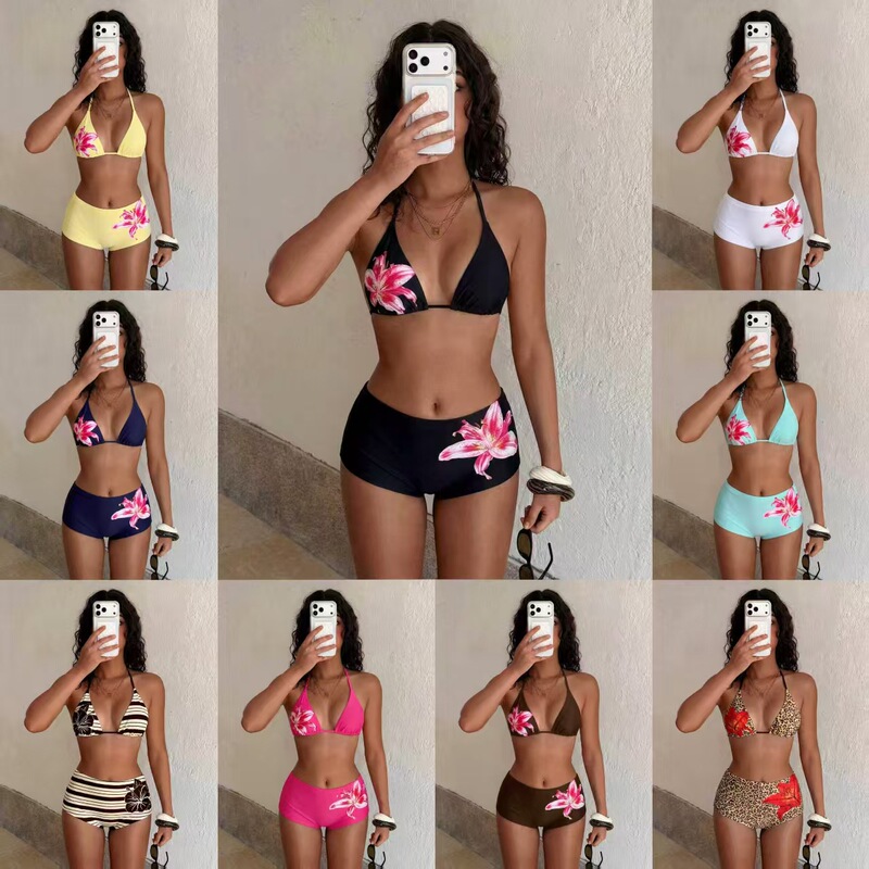 Multi-color floral bikini with halter neck and triangle cup, two-piece swimsuit, cross-border beach swimwear wholesale