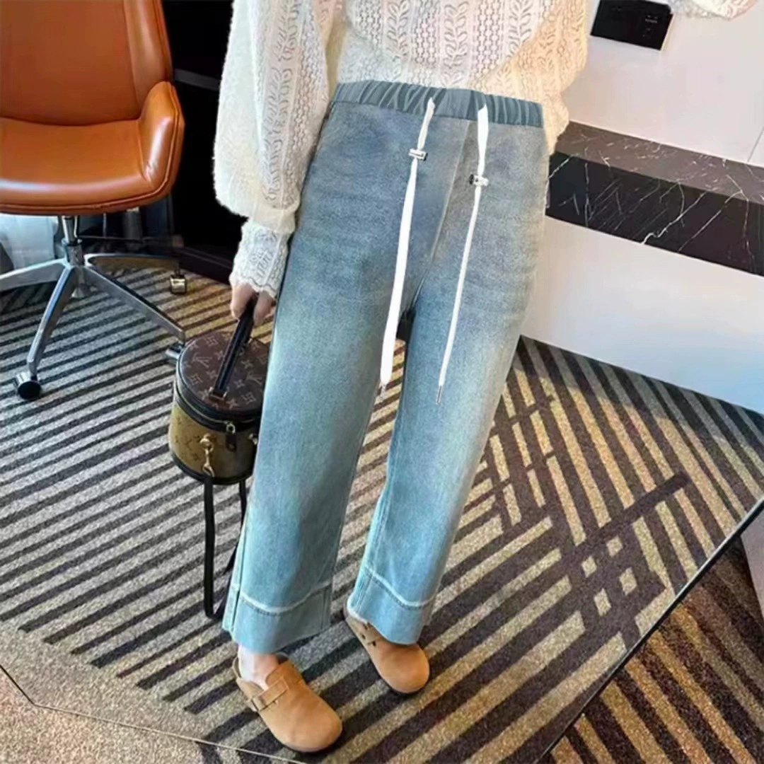 Quality trousers, jeans, drawstring, loose straight fit