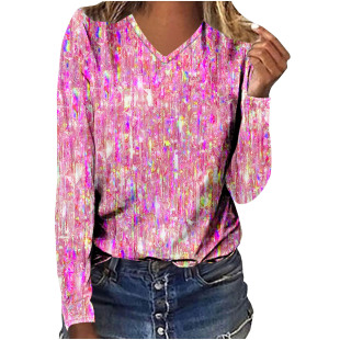 2024 European and American Foreign Trade popular 3D long-sleeved T-shirt women's sequins European and American Foreign Trade women's clothing one straight hair customization