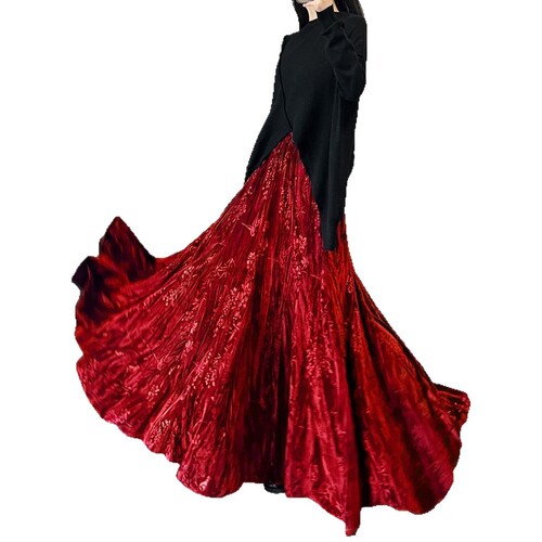 Velvet skirt, fishtail skirt, long spring, autumn, winter, national style skirt, large skirt, printed retro women, pink long dress, children