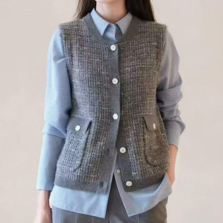 Xiaohe Gray Tweed Tweed Knitted Cardigan for Women 2025 Autum Elegant Fashionable Lapel Sweater Jacket