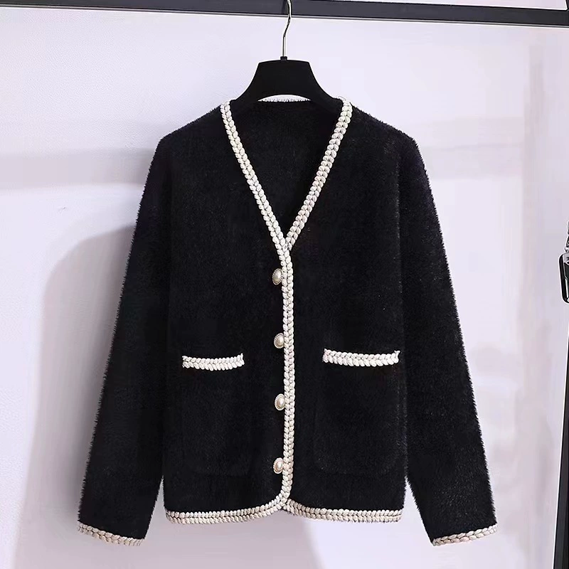 Вязаный кардиган (в стиле Chanel) V-образный бархатный свитер для подростков, западный стиль