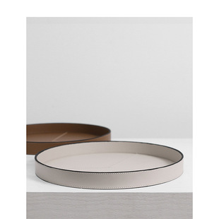 Modern Light Luxury Beige Orange Geometric Round Tray High-end Leather Storage Tray Model Room Decoration Ornaments
