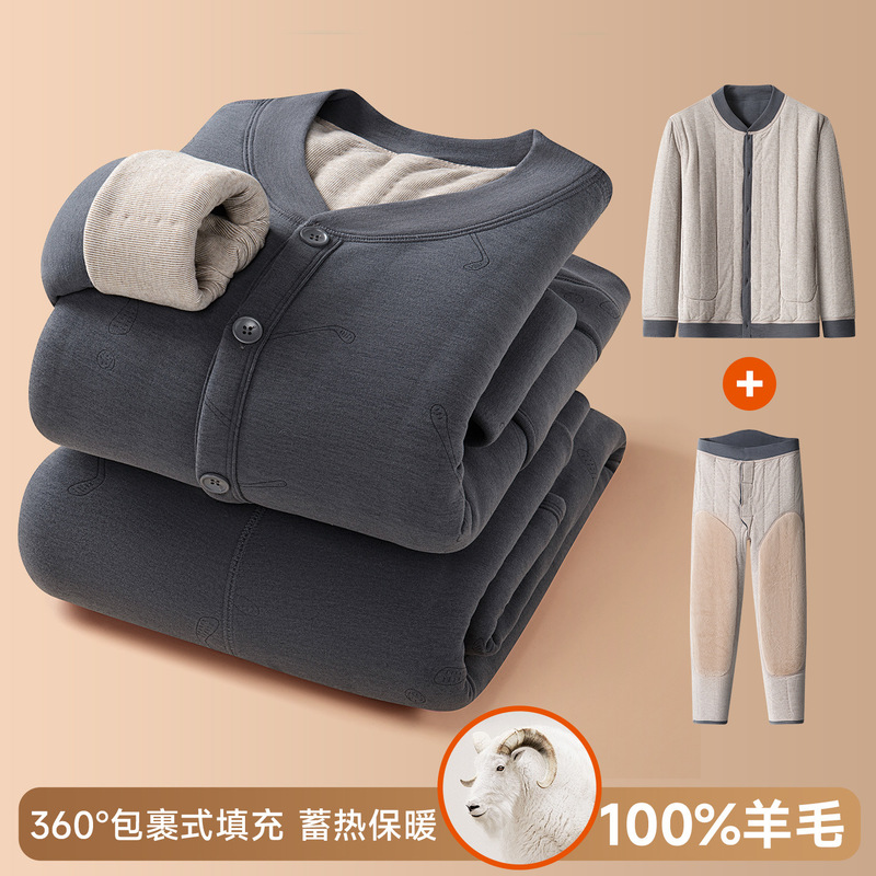 [Rabbit Stuffed Waist and Knee Protector] Winter Home Clothes Men's Middle-Aged and Elderly Wool Velvet Thickened Suit Warm Pajamas