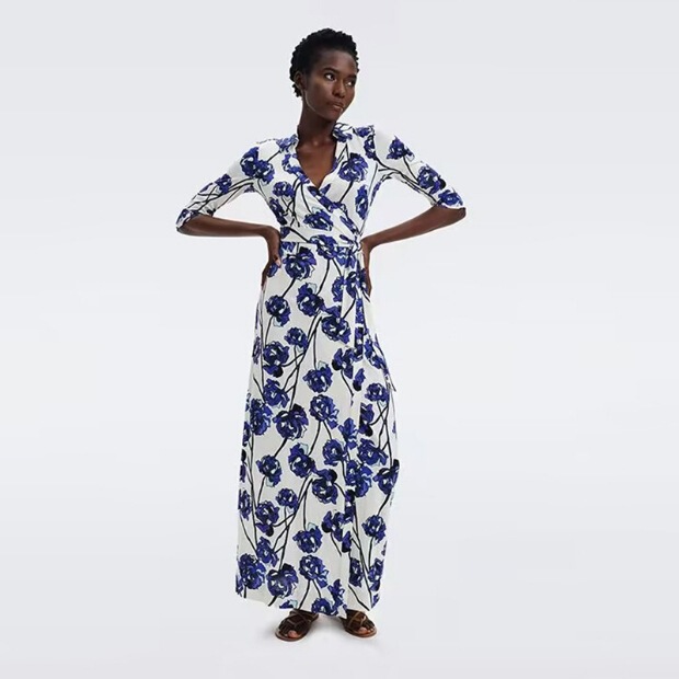 2023 New Ocean Blue and White Water Colored Flower One-piece Wrap Dress Long