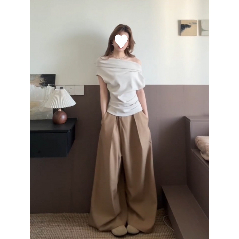 套装女2025夏新款韩系辣妹斜肩收腰显瘦T恤上衣高腰阔腿裤两件套|undefined