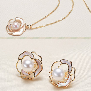 Two-Piece Set of Pearl Jewelry, Freshwater Pearl Jewelry, Camellia Nearly Perfect Round Set, Earrings and Pendant Set