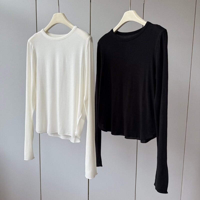 Casual Beauty with Curved Hemline! Lyocell+Wool Round-Neck Lightweight and Comfortable Loose Long-Sleeve T-Shirt for Women in Spring Casual Beauty with Curved Hemline! Lyocell+Wool Round-Neck Lightweight and Comfortable Loose Long-Sleeve T-Shirt for Women in Spring
