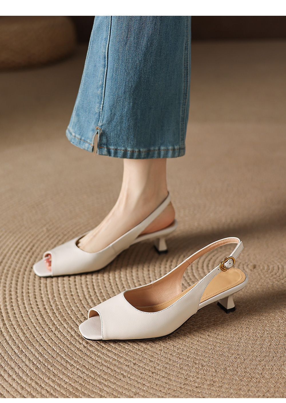 Sandal peep toe nữ gót vuông phong cách Hàn Quốc, quai ngang đơn giản, cỡ 34–42 — đen chi tiết 7