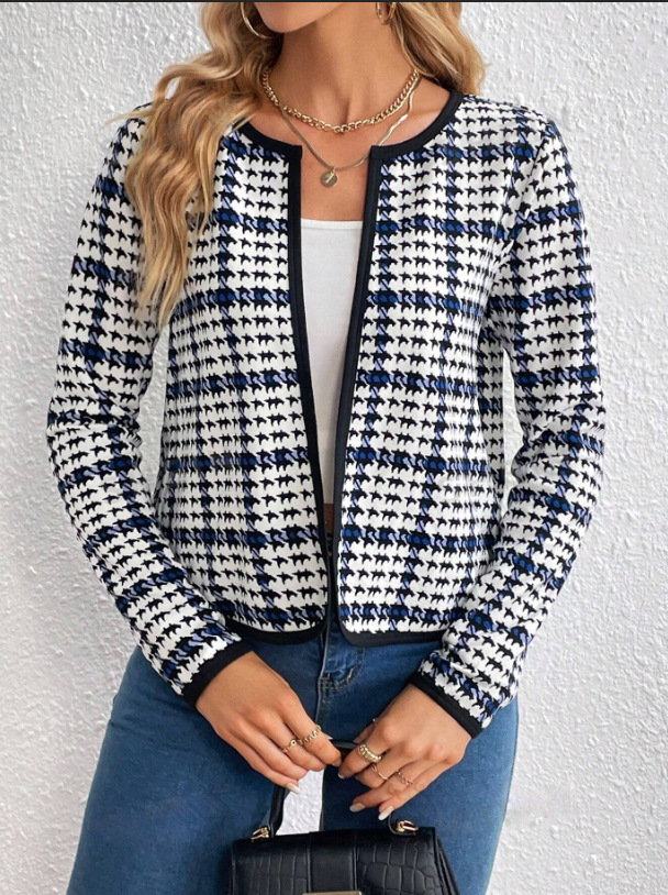 Women's Clothing temperament commuter women's jacket round neck plaid short coat_desvips.com